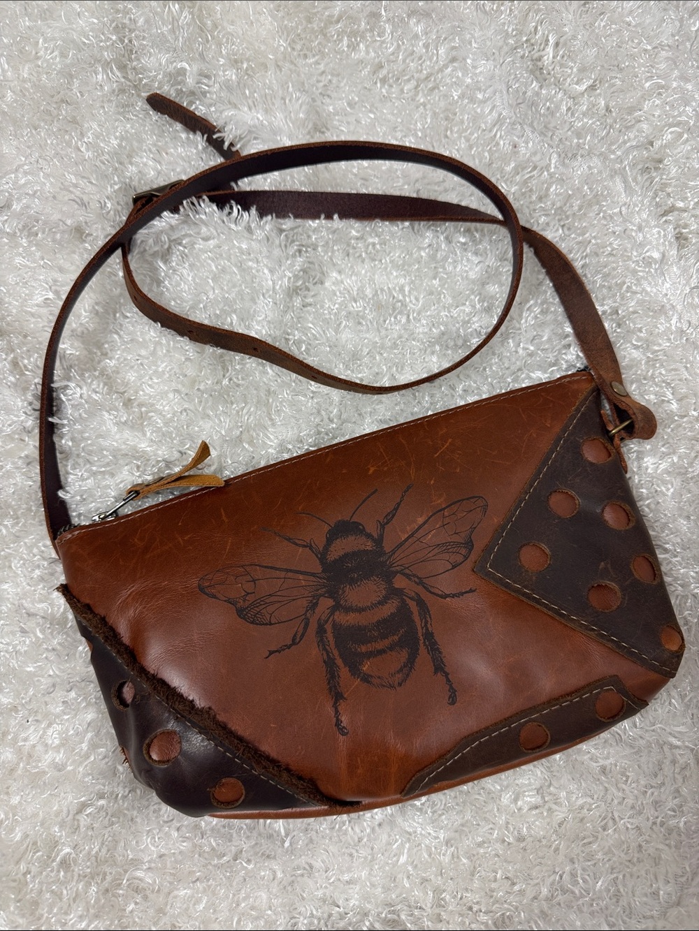 In Blue brown leather purse bag bee art design crossbody